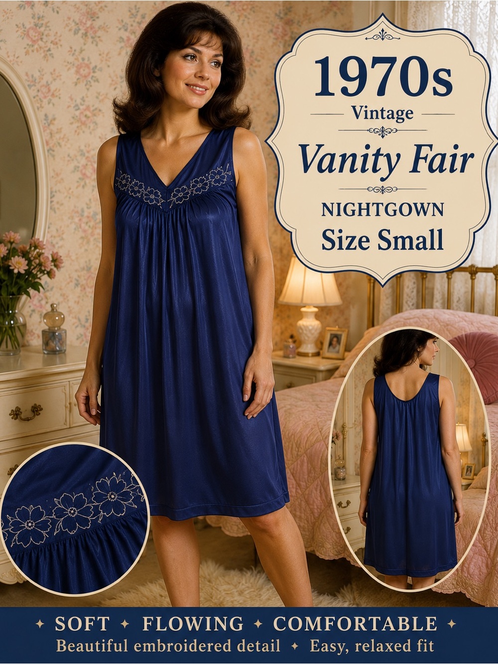 Vintage 1970s Vanity Fair Navy Nylon Nightgown Small Embroidered